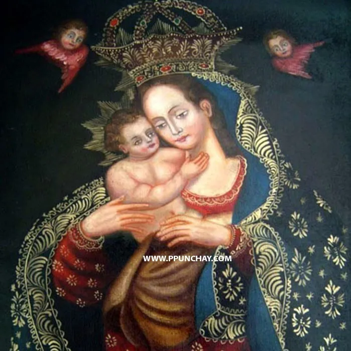 Cusco School Religious Painting "Virgin Mary with Child" 19x15"  Ppunchay Peru 50 x 40 cms.