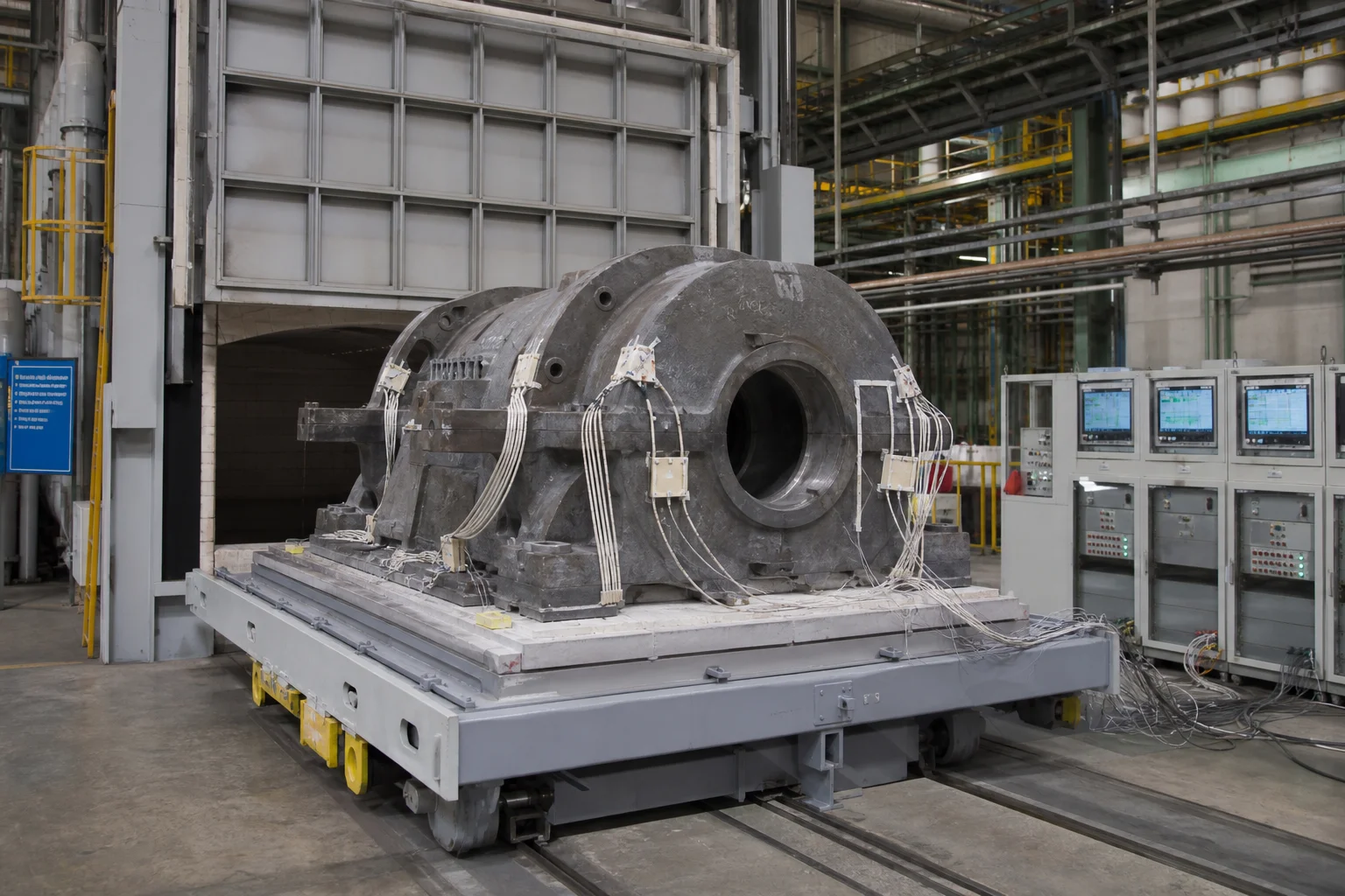 Automated industrial post-weld heat treatment PWHT furnace with thermocouples on turbine casing