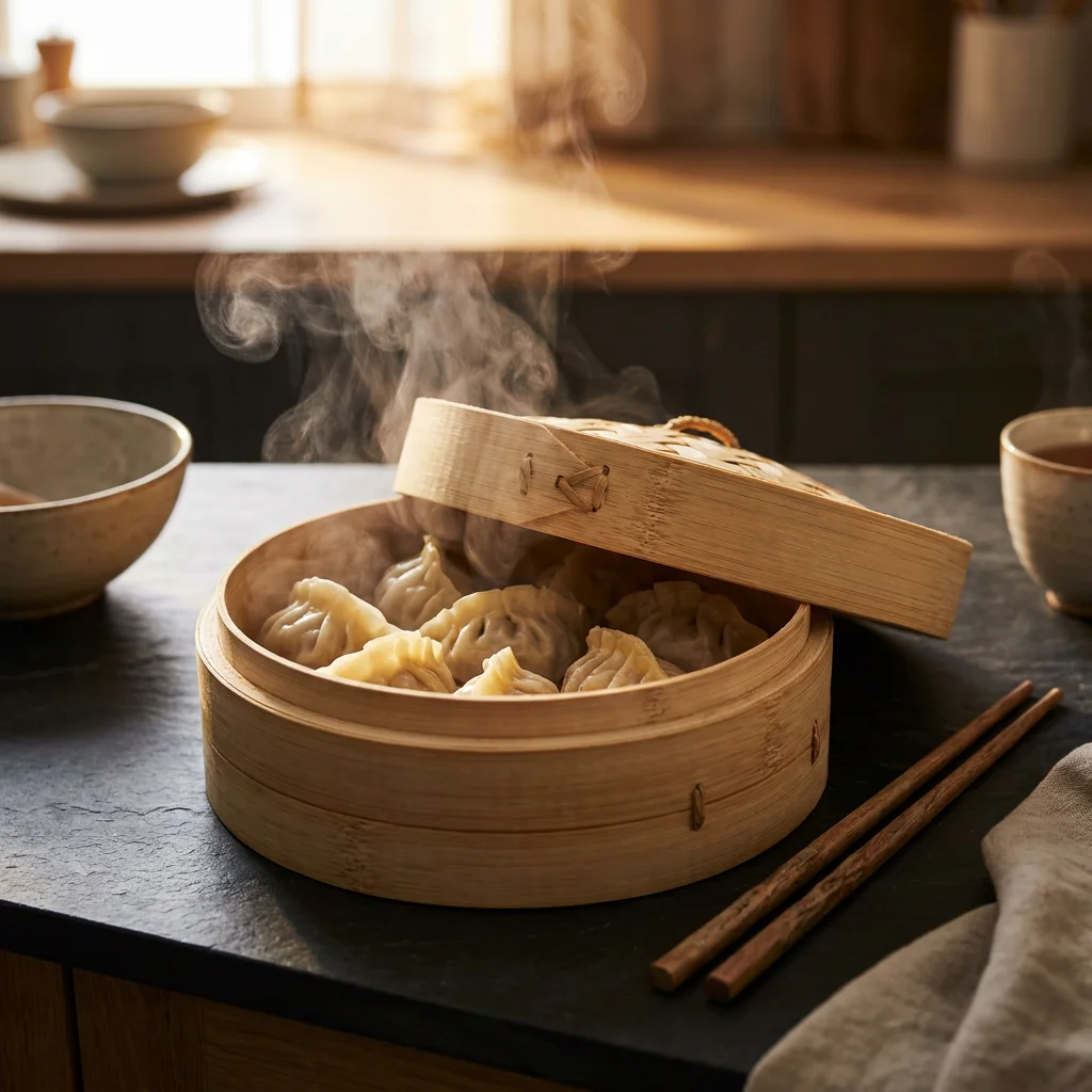 Steaming fresh dumplings in artisanal bamboo steamer basket — nutrient-locking natural steam cooker