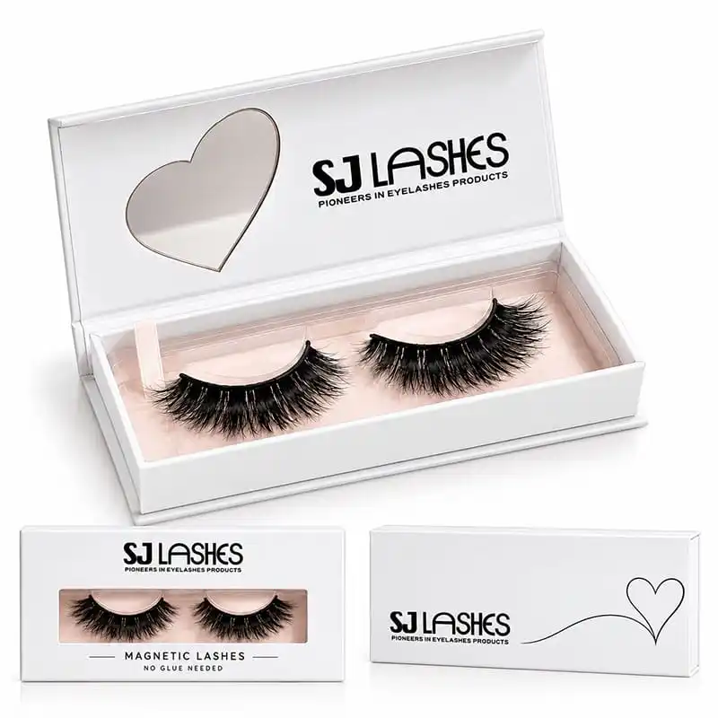 Three variants of the single pair lash gift box shown together: open white box with the heart aperture in the lid, closed white box with clear window and no glue needed print, and the end panel with heart line artwork - lash gift box range