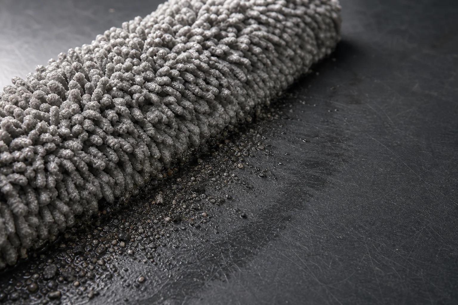 A wet grey microfiber chenille brush head lying on a dark worktop with a trail of grit and water along its lower edge