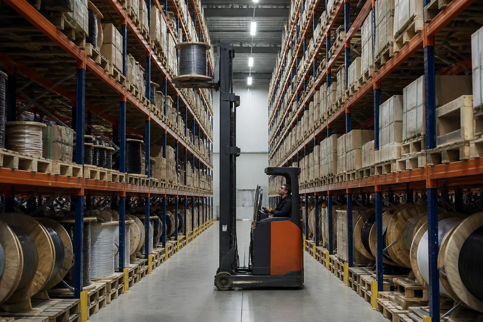 Industrial distribution center with high-bay racking holding shielded ethernet cable