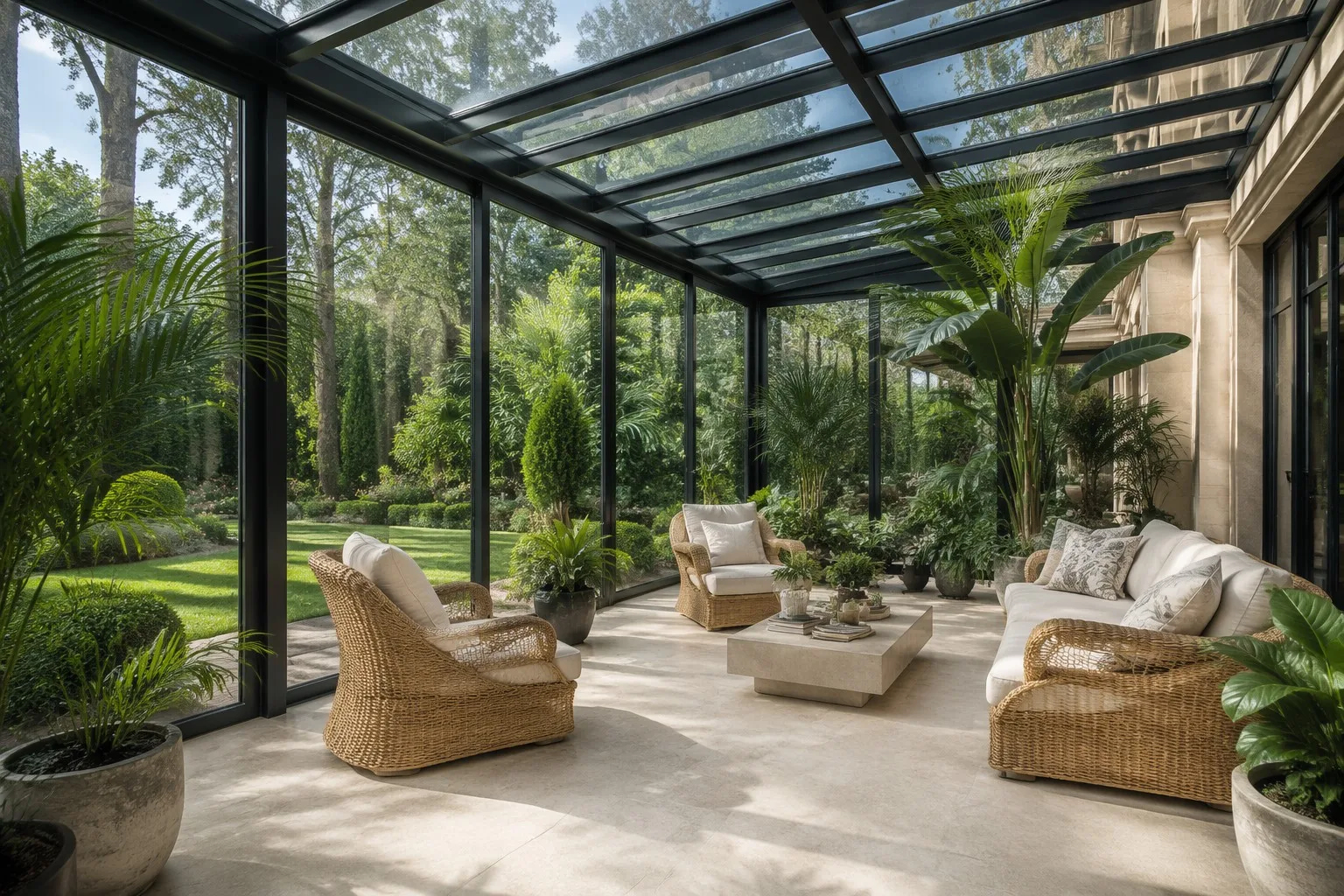 Luxury modern glass sunroom with aluminum framing tropical plants garden view
