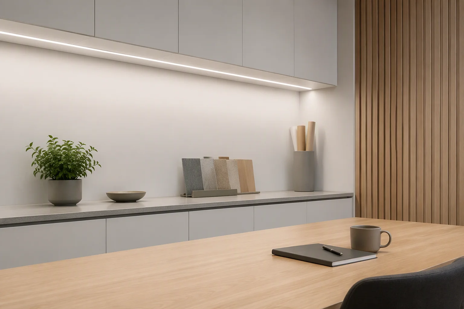 4000K neutral white LED strip lighting illuminating a bright task and retail display area
