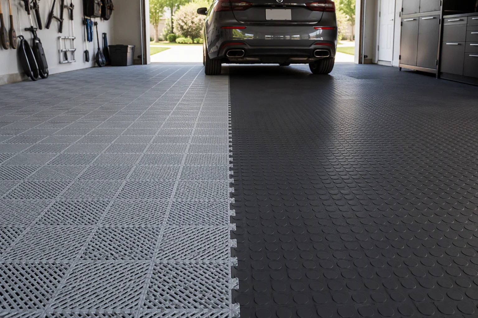 Open-rib vented drainage tiles installed next to solid coin-top interlocking garage floor tiles in a clean garage