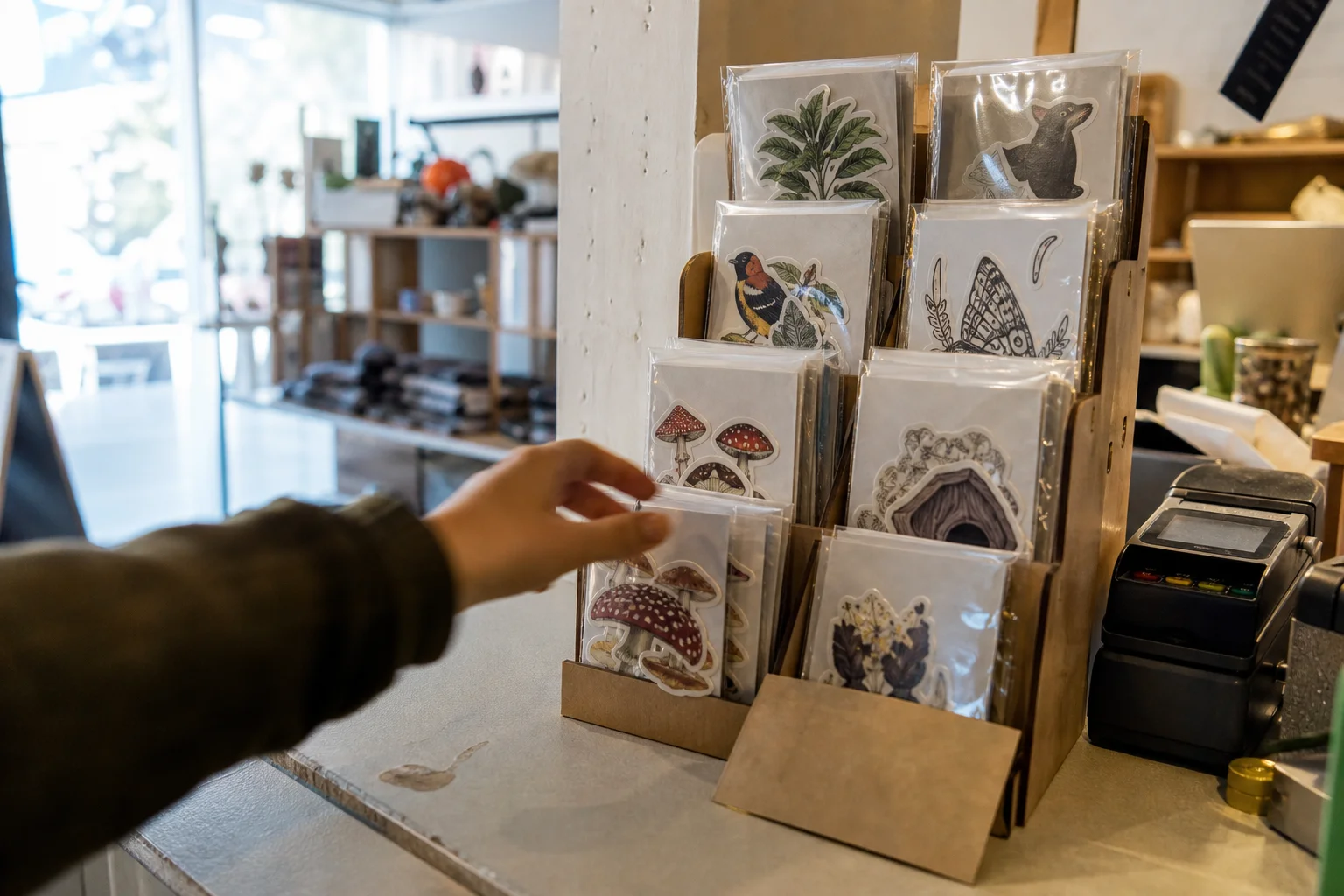 Customer reaching for sticker pack from countertop display in a real store