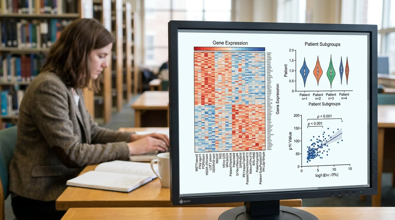 Detailed statistical monitor showing Forest plots and Kaplan-Meier curves