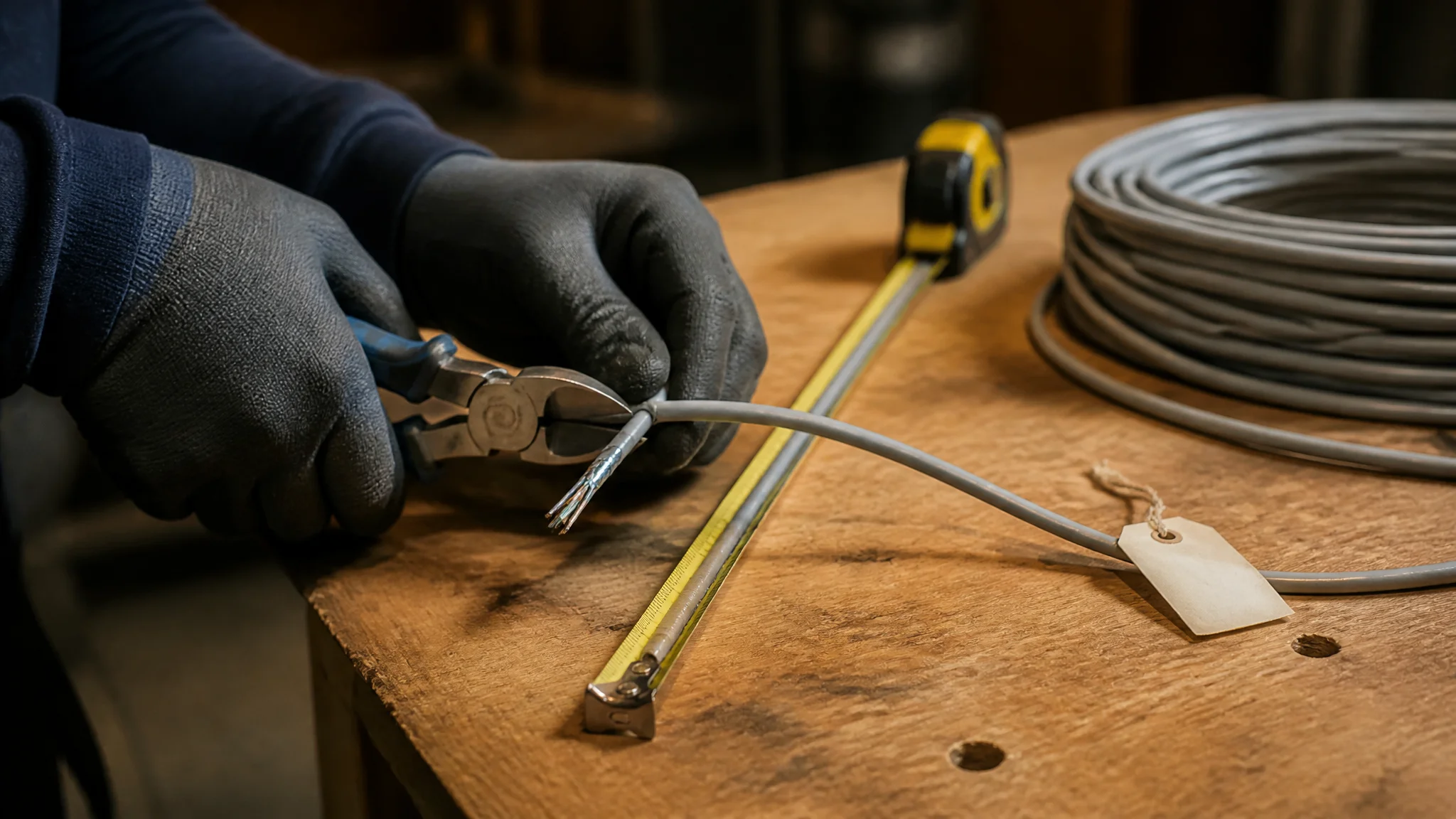 Gloved hands cutting Cat6A cable to a measured length with a tape alongside