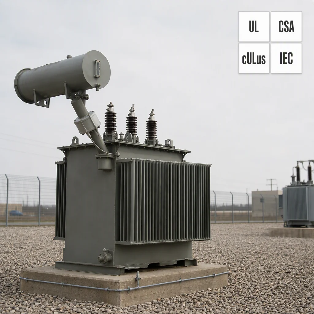 Oil immersed transformer with conservator and Buchholz relay pipe, transformer protection devices