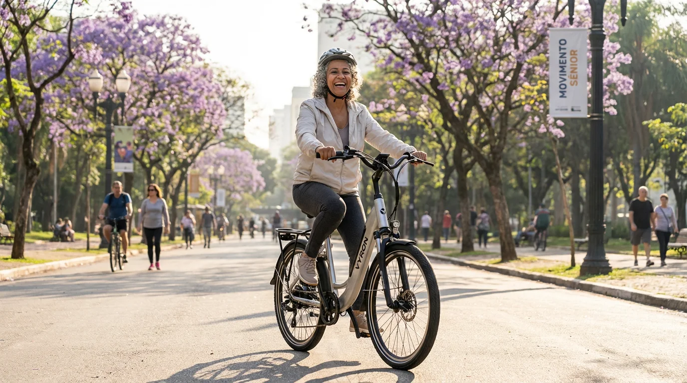 Avó brasileira pedalando e-bike com sorriso em ciclovia de parque