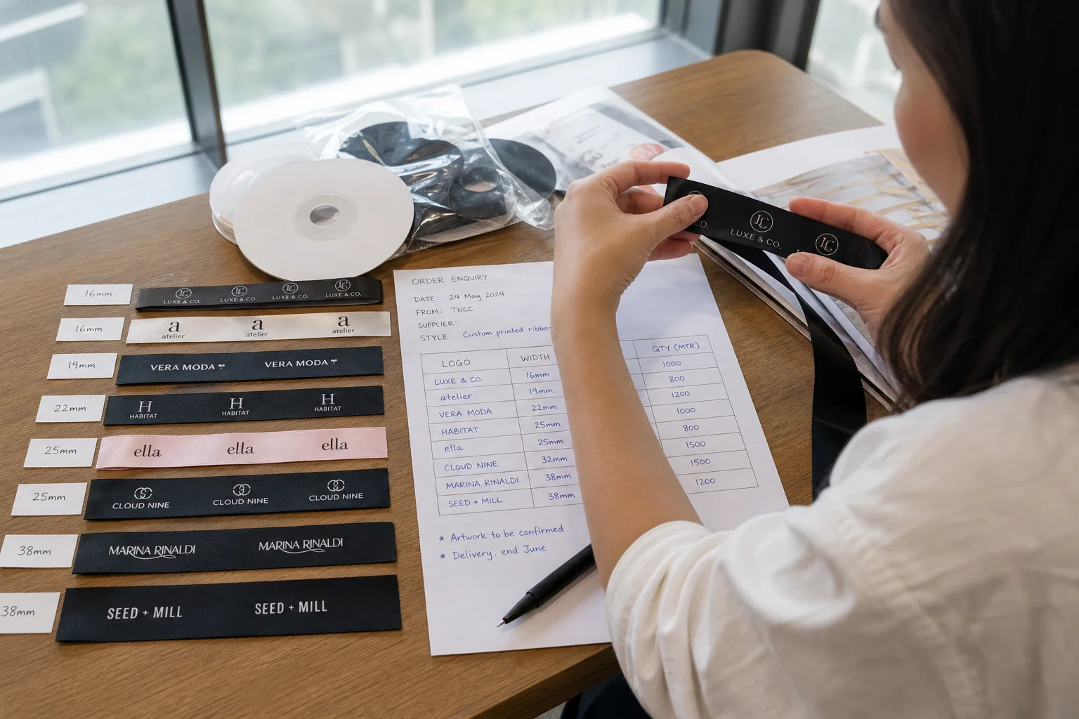 Custom printed ribbon samples being reviewed for B2B corporate gifting procurement