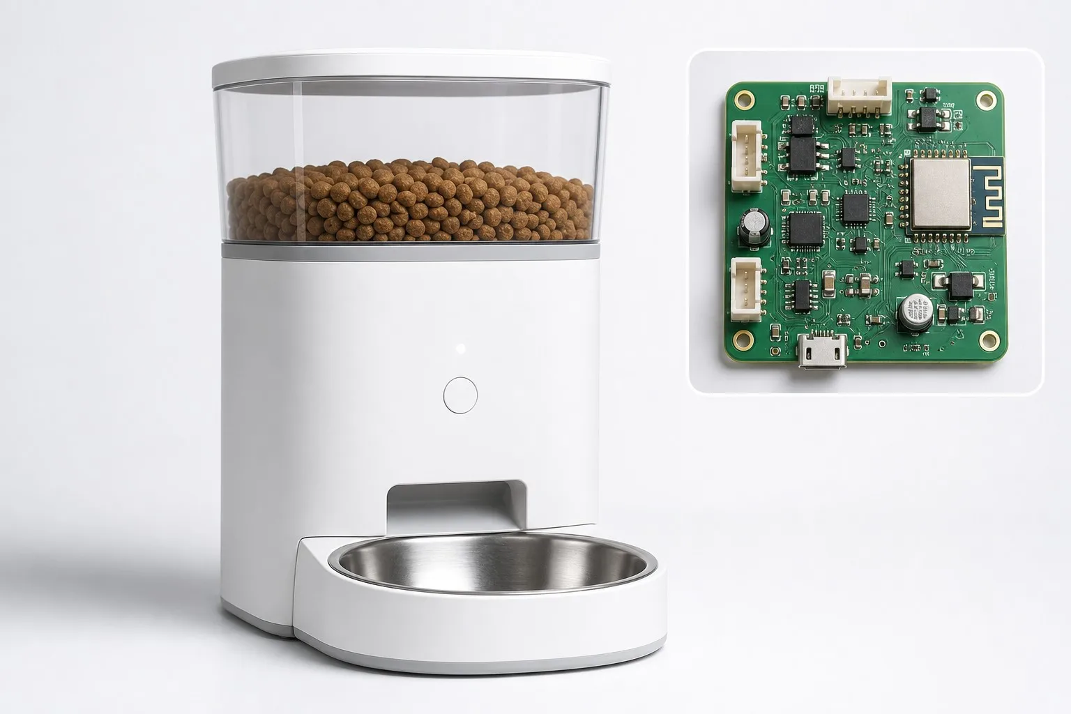 Automatic pet feeder with its control board shown in cutaway