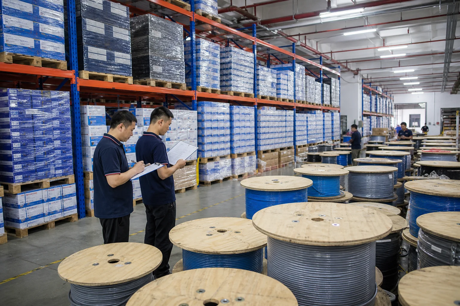 Cable wholesale warehouse in southern China with stacked shielded cable reels