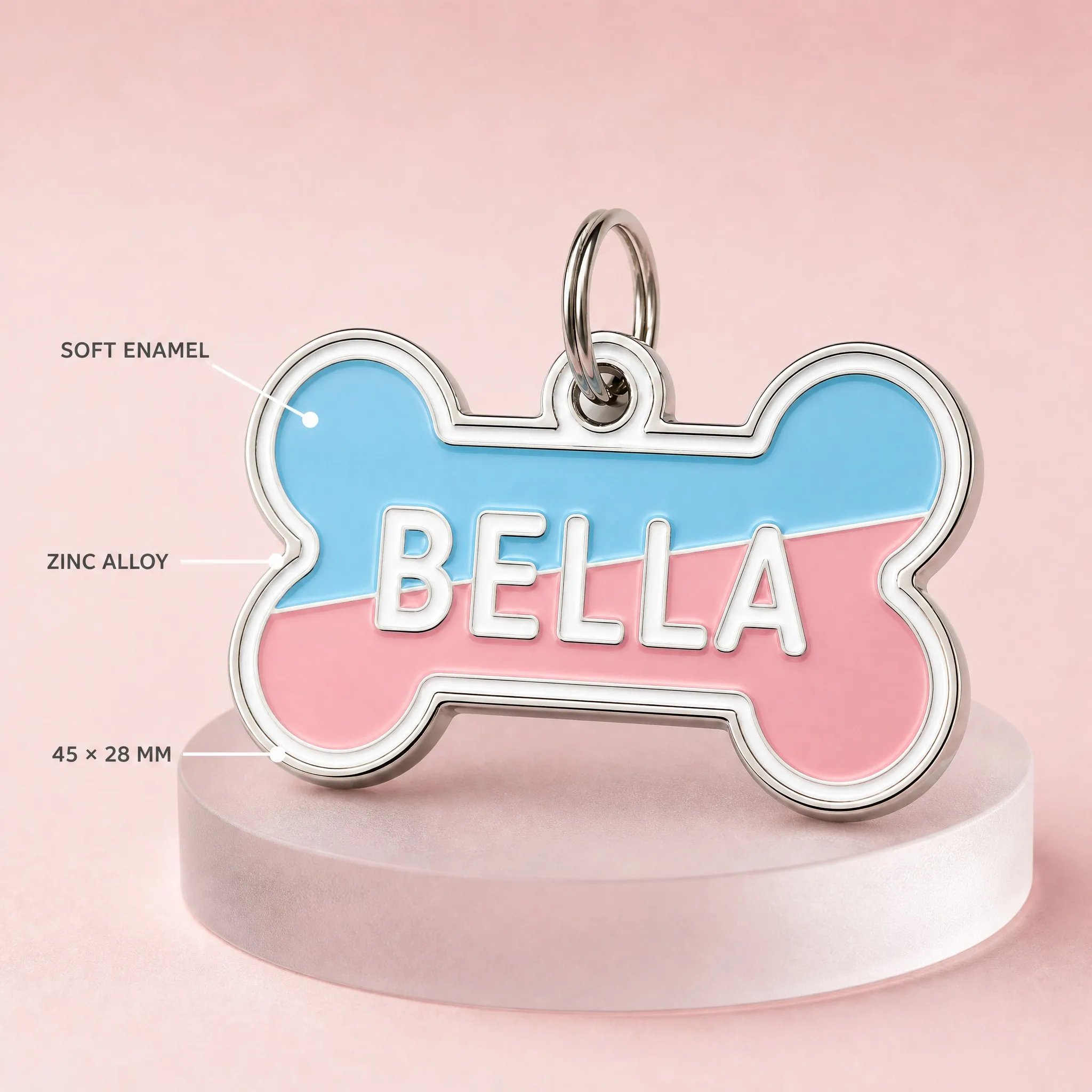 Macro detail of glossy soft enamel on the bone-shaped dog tag