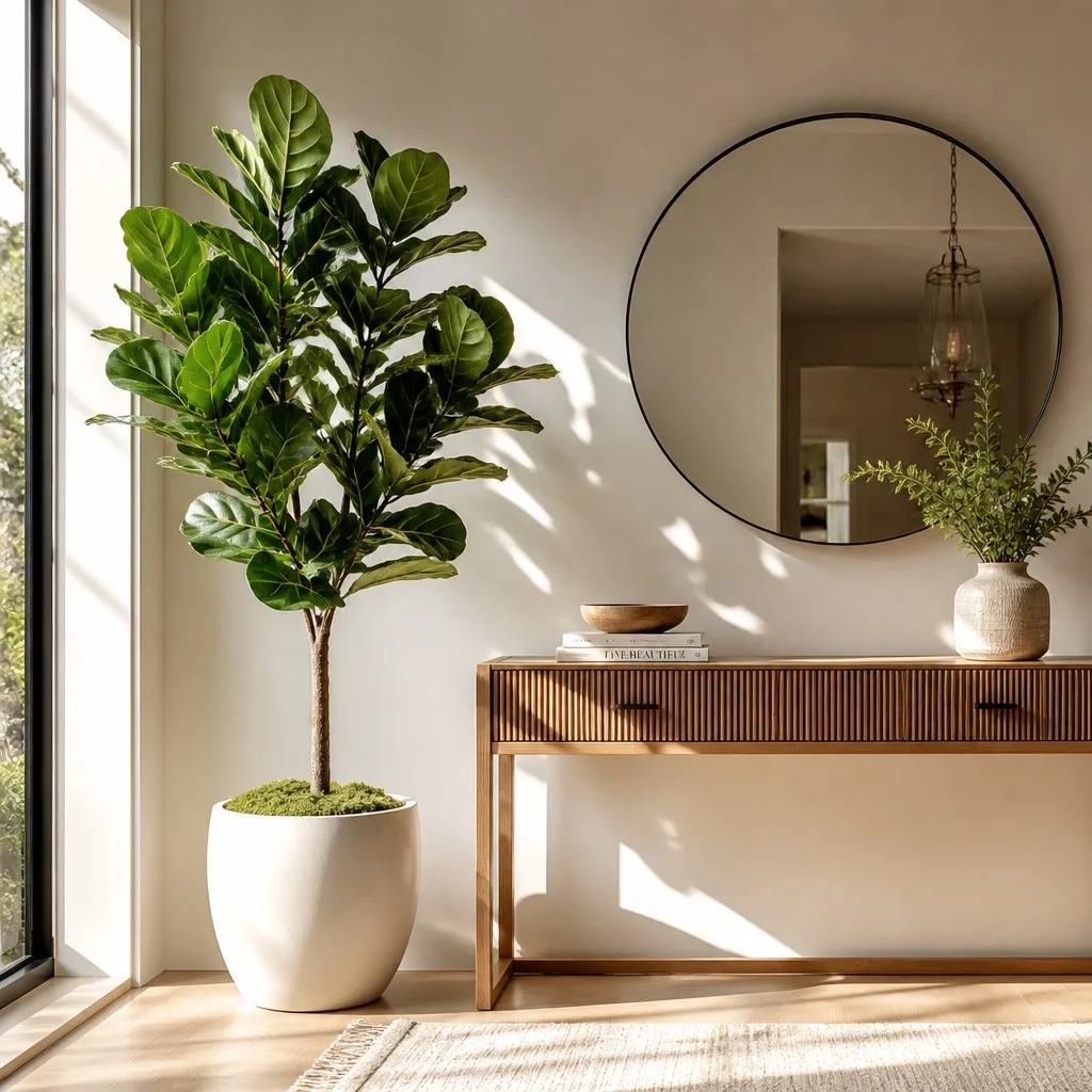 Best UV-resistant artificial plants styling a bright modern entryway with realistic silk foliage.