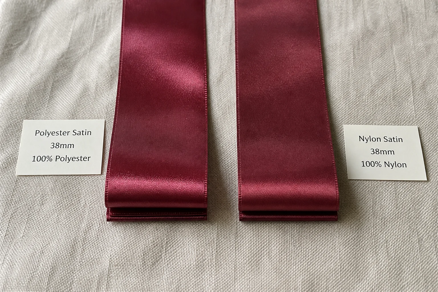Documentary B2B product comparison polyester satin ribbon versus nylon satin ribbon side-by-side flat lay natural linen surface two ribbon samples same width 38mm same deep burgundy colour polyester slightly brighter more plastic sheen nylon softer warmer lustre slightly more matte quality both folded end show cross-section small printed labels natural side window light factual material comparison