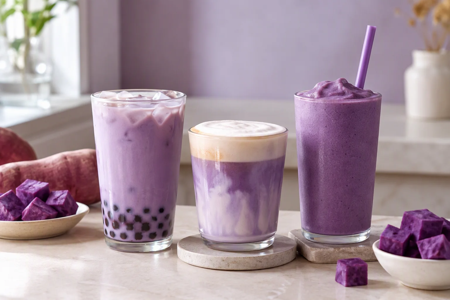 Purple sweet potato milk tea latte and smoothie applications