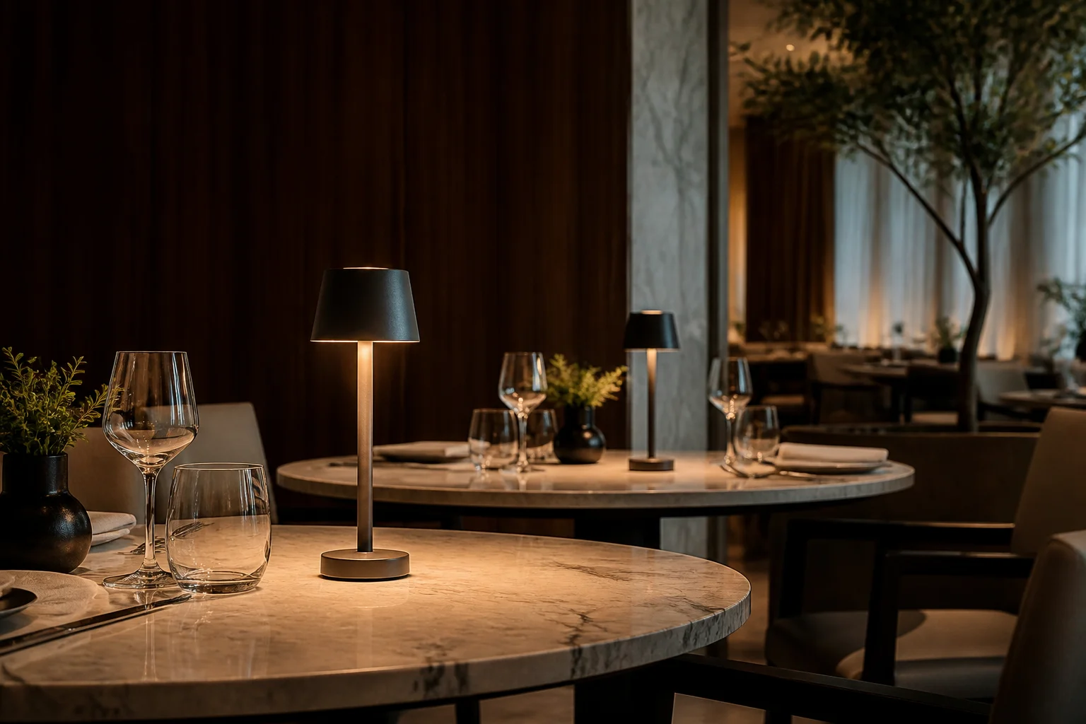 Cordless table lamps deployed on hotel restaurant dining tables