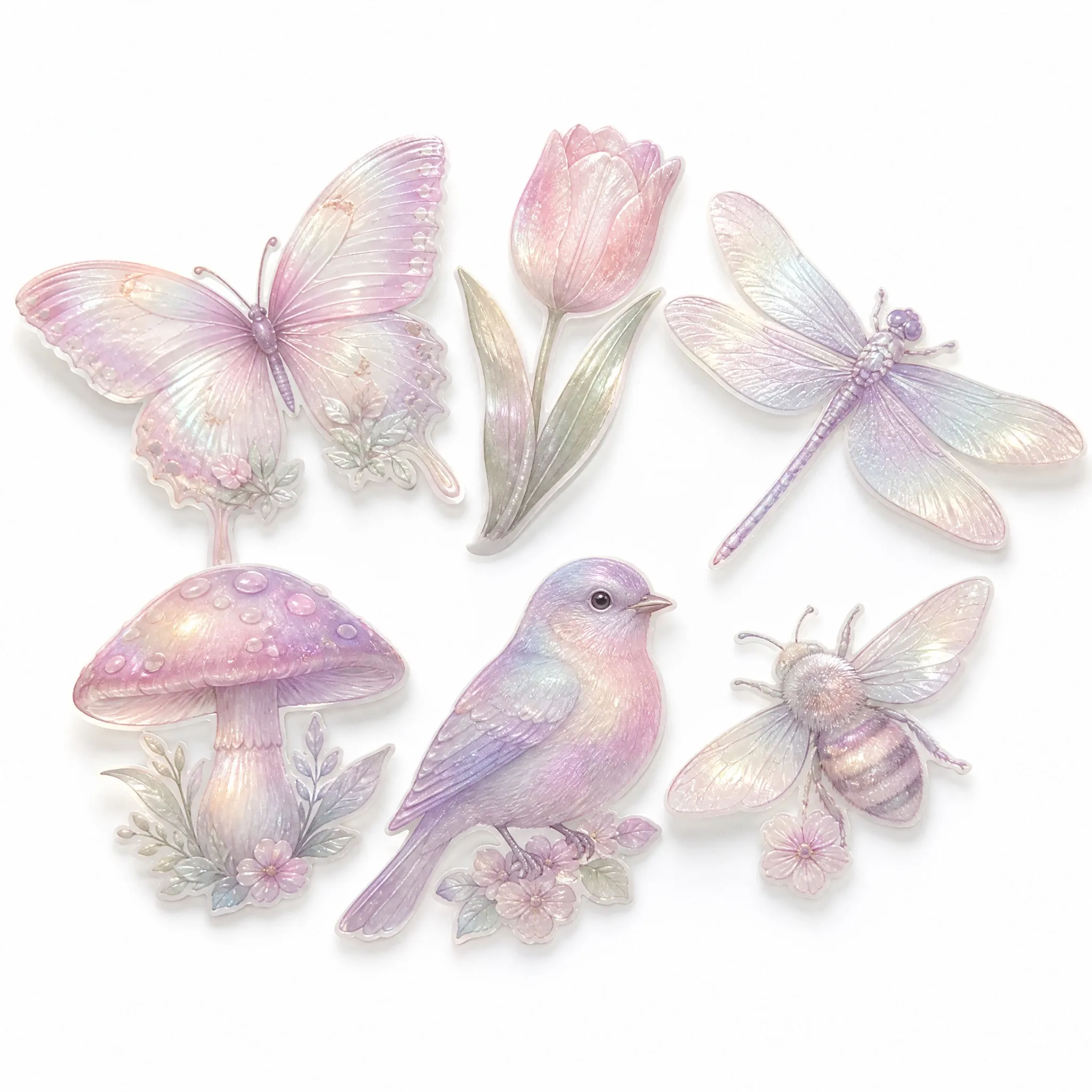 Custom pearlescent sticker set - six fairy garden designs with pearl sheen on white background