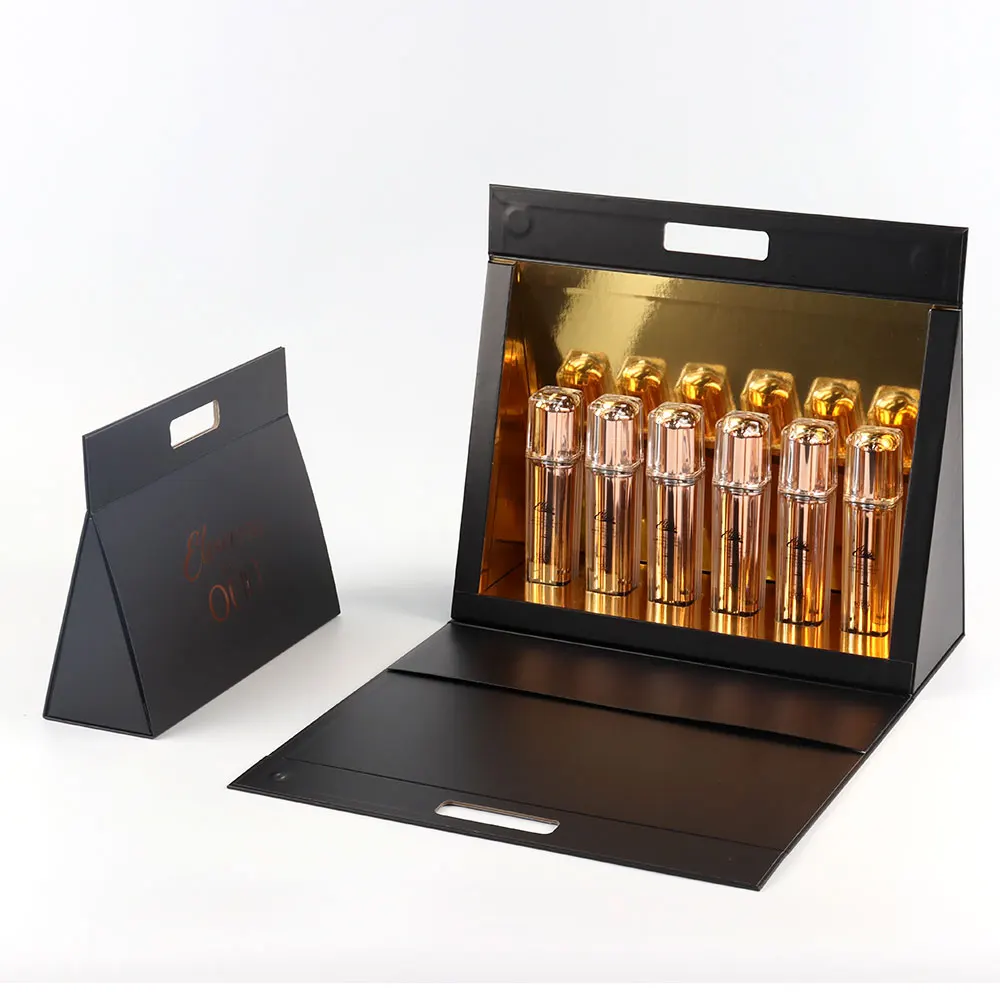 

Luxury internal rose gold paper cosmetics boxes bottle skincare cosmetic packaging box flat large black cosmetic gift box