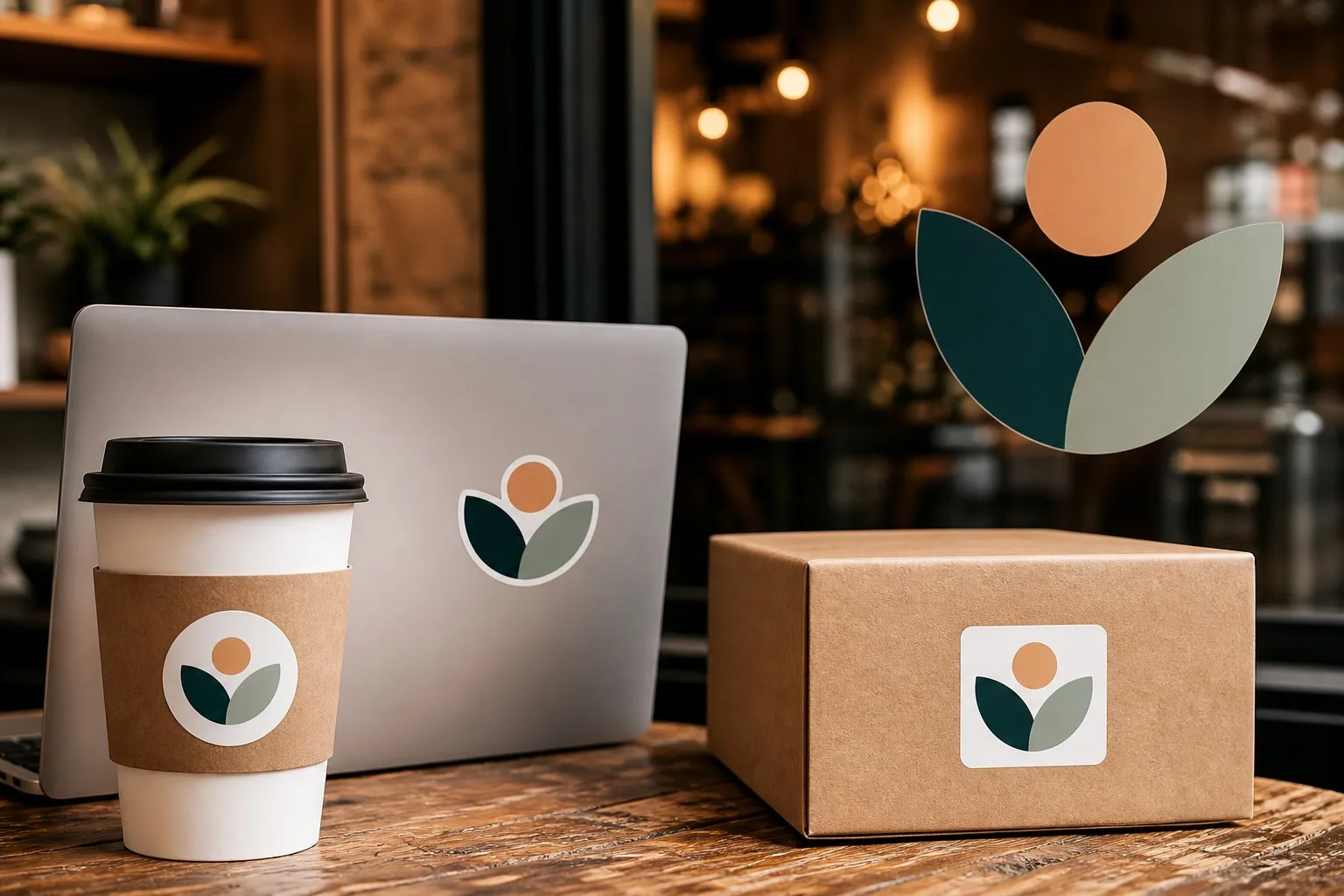 Logo stickers in real-world use on packaging laptops and products