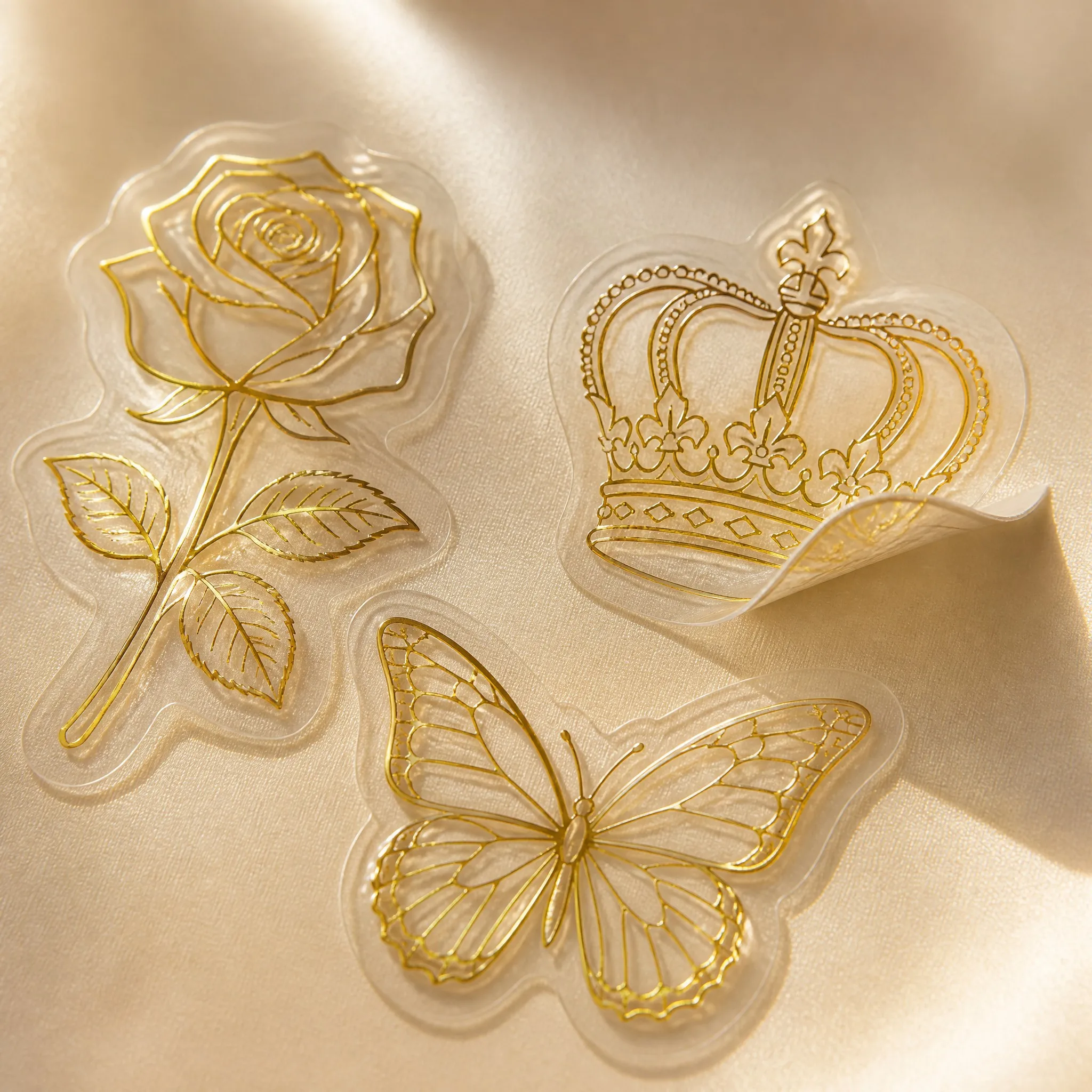 Macro detail of gold foil sticker - metallic gold sheen on clear film