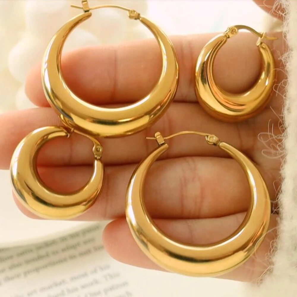 

Waterproof Jewel 18K Gold Plated Women Jewelry Stainless Steel Hollowed Tube Earrings Thick Chunky Round Hoop Earrings
