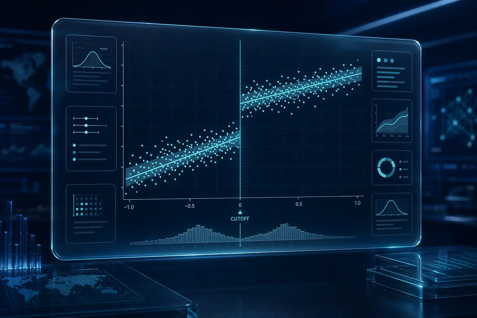Scatter plot visualization showing a sharp discontinuity at a clinical threshold cutoff
