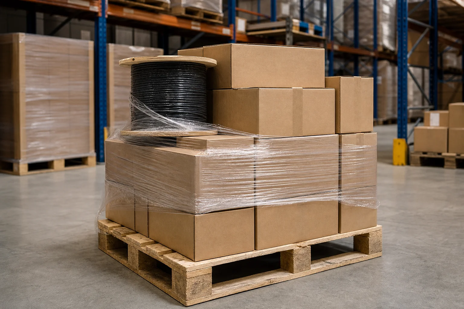 Pallet of cartons and one cable reel with stretch wrap partially applied