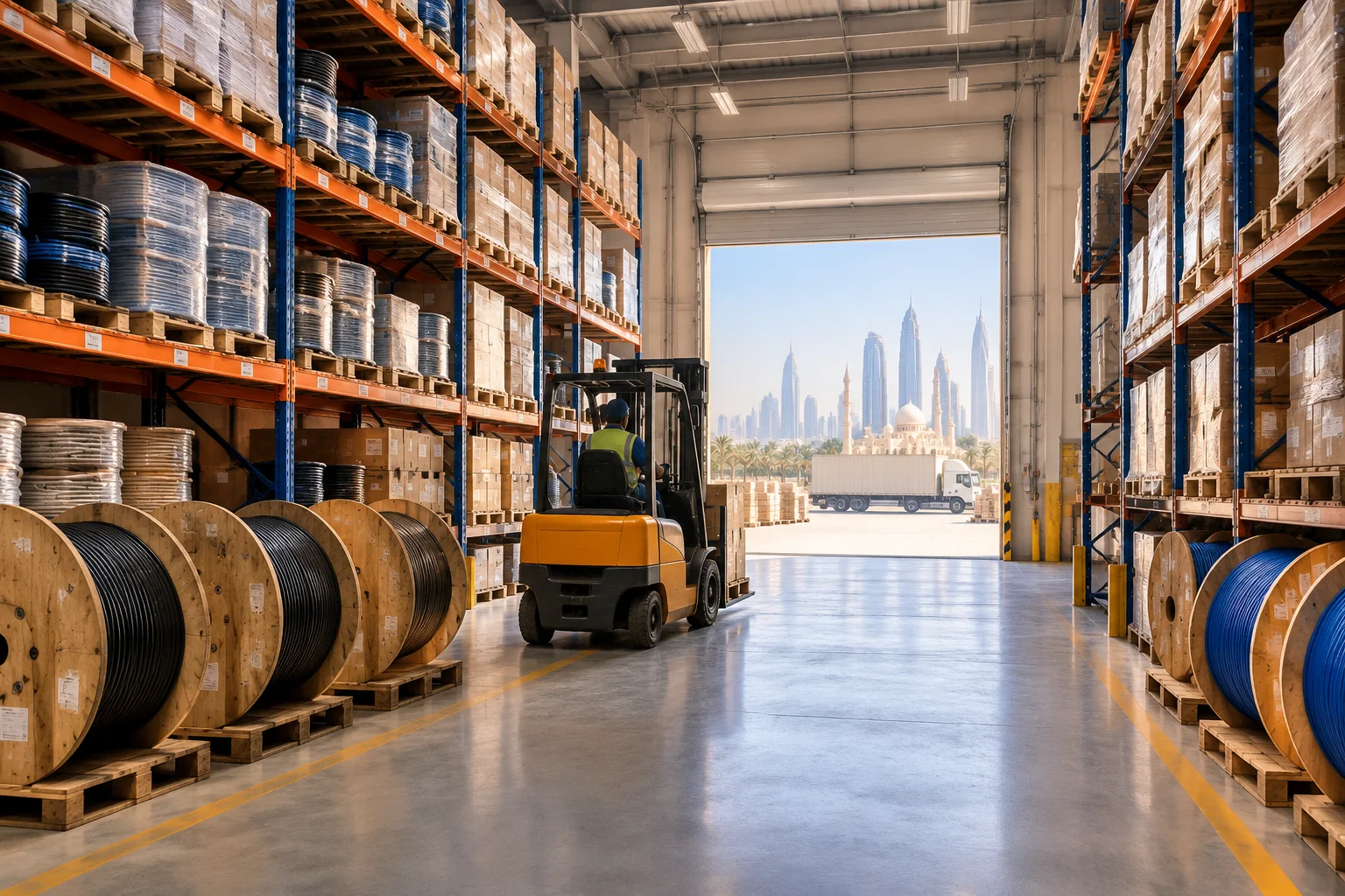 Distribution warehouse in the Middle East with racking and cable drums