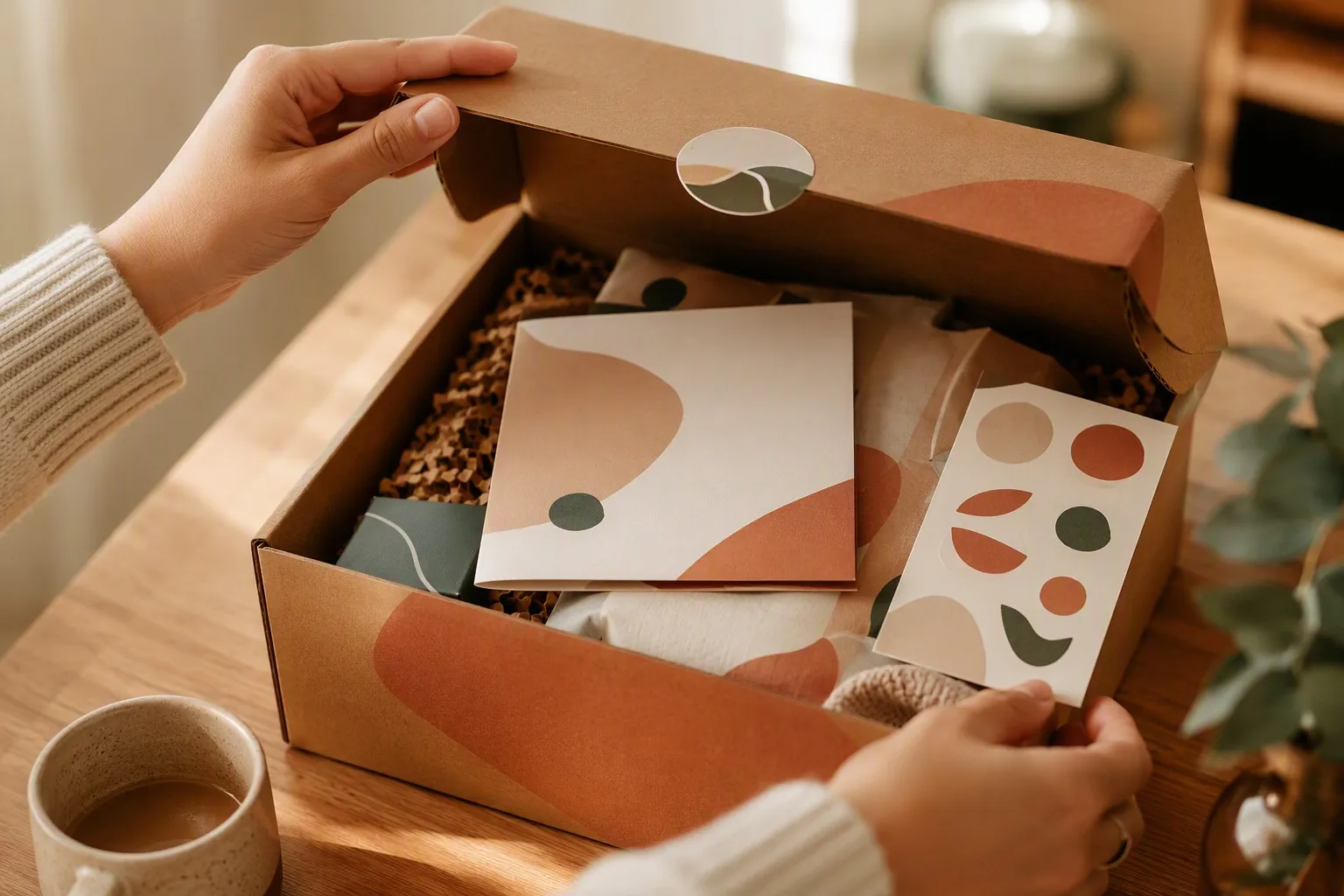 Unboxing experience with branded stickers and inserts