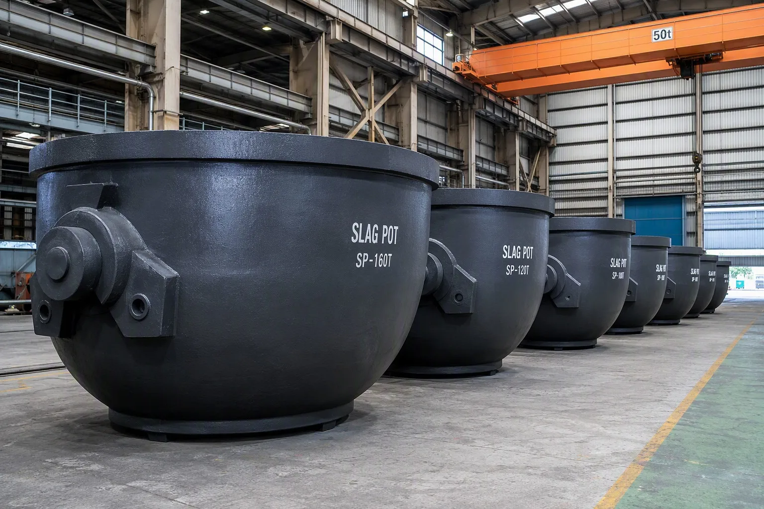 Finished steel slag pots lined up in foundry ready for delivery