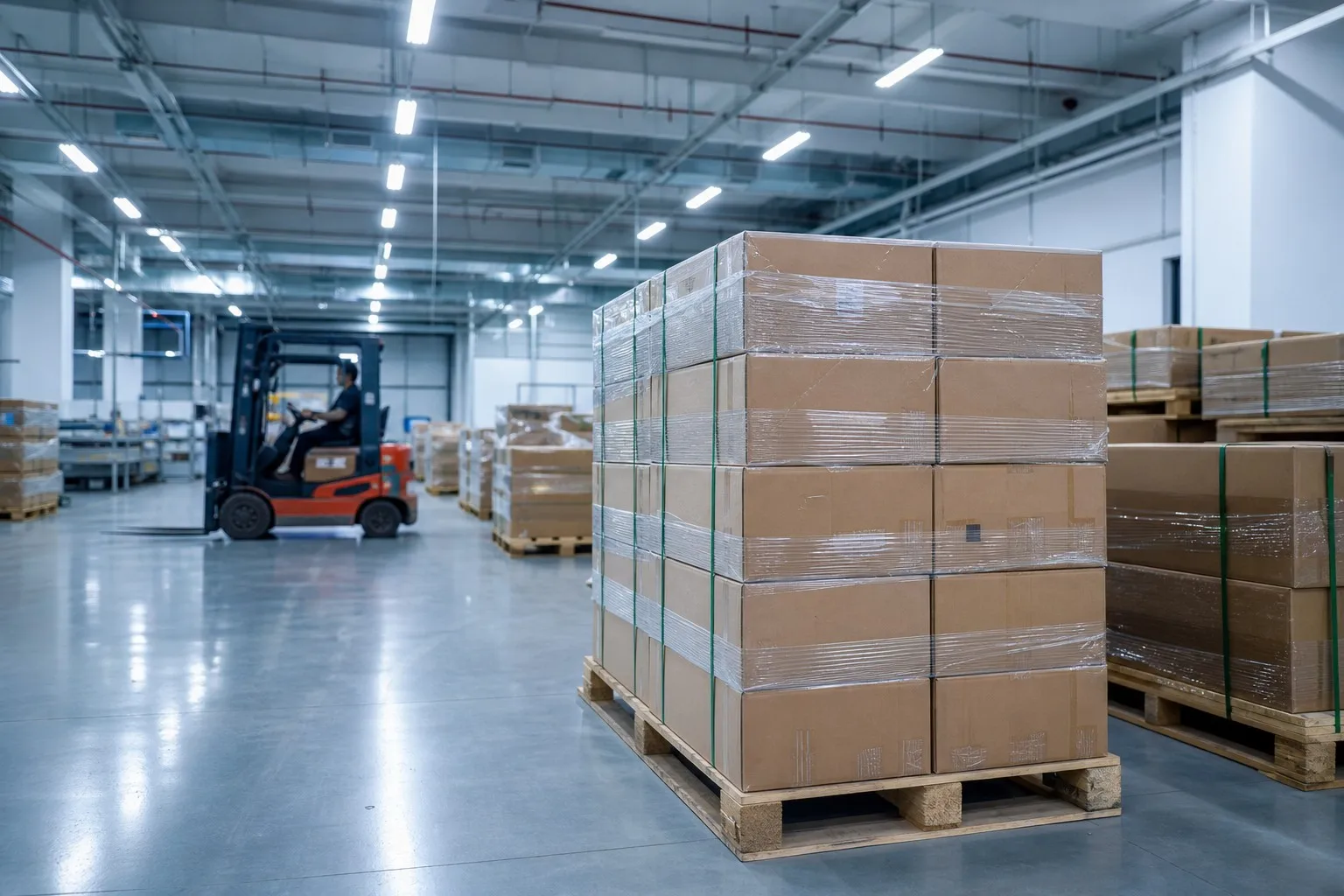 Packed products ready for shipment in a dispatch area