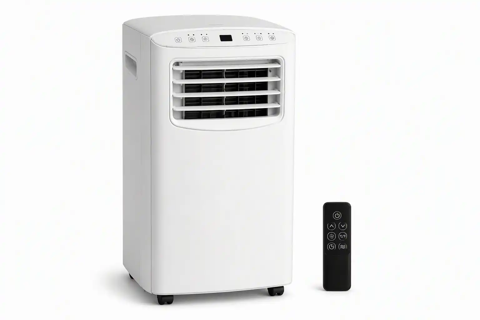 Tall white portable air conditioner with top key strip, IR window and black remote control