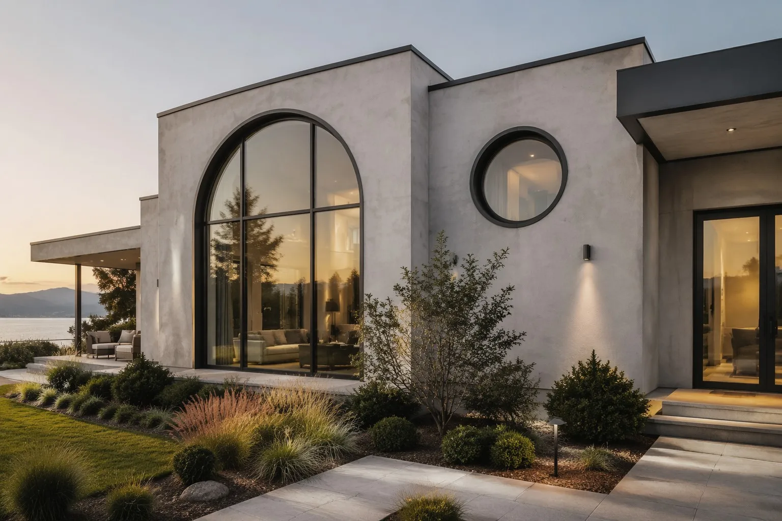 Luxury modern villa with arched and circular aluminum specialty windows unique facade