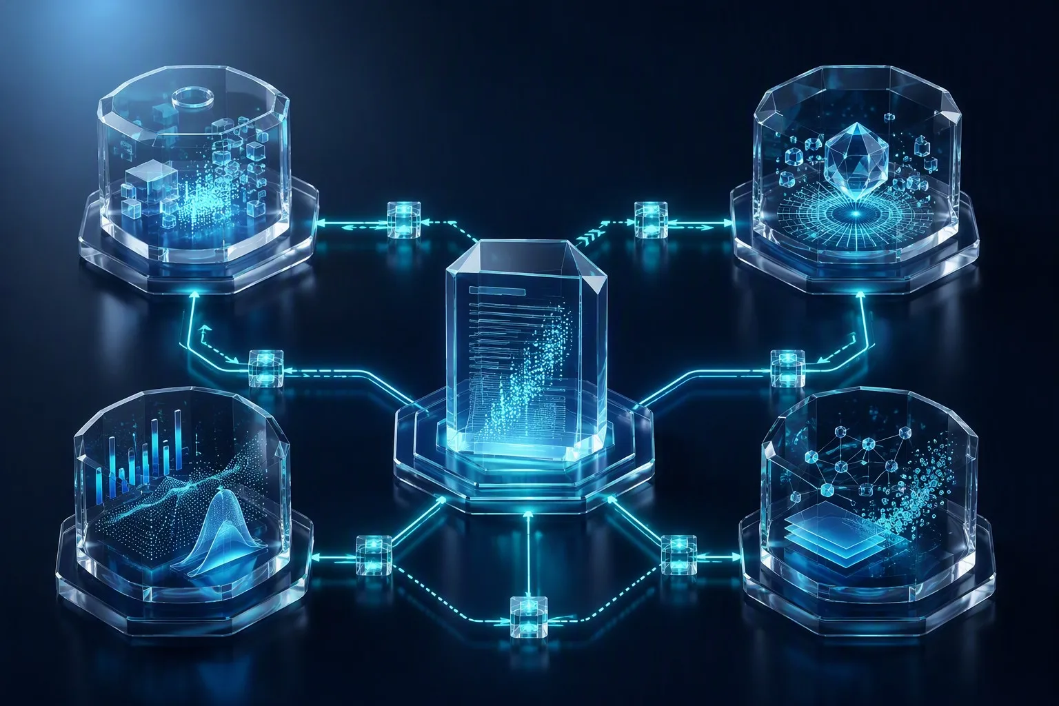 Glassmorphic medical research workflow connecting literature discovery, paper appraisal, statistical analysis, and manuscript review