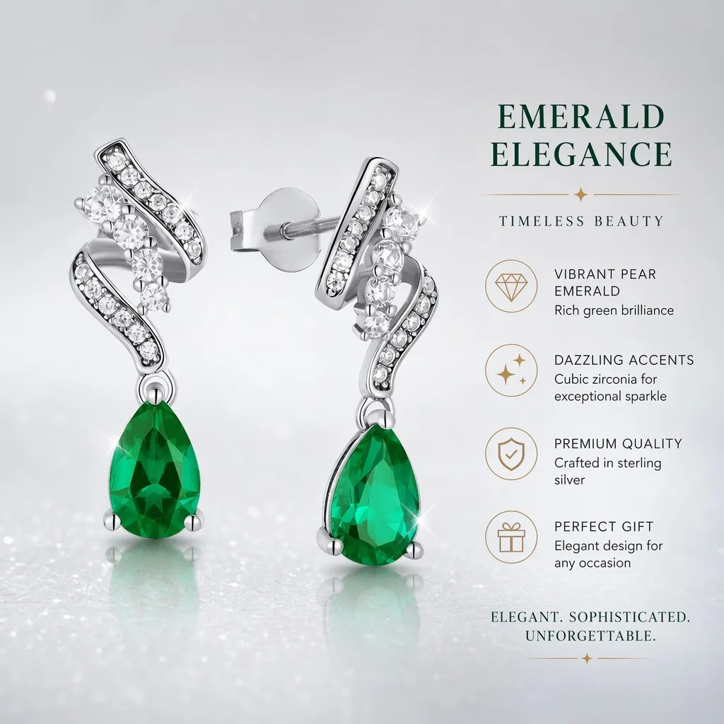 Pear Cut Green Drop Earrings Rhodium Plated Cultivating Emeralds 925 Sterling Silver Claw Setting Forever Star Third Party