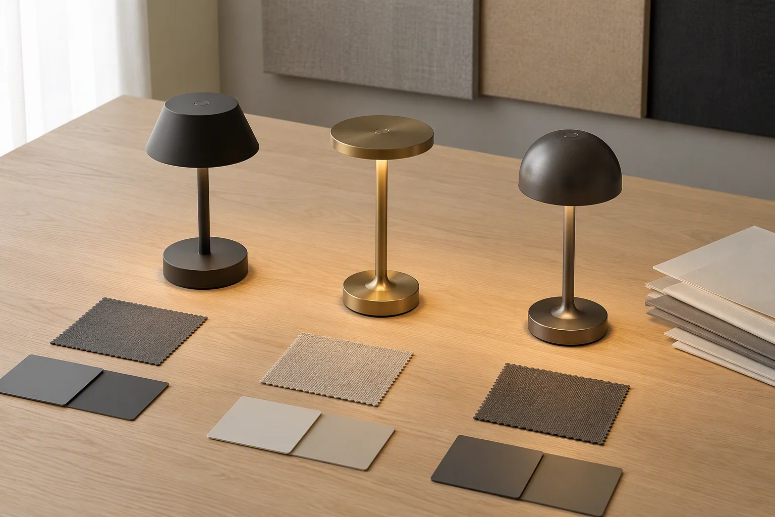 Unbranded cordless table lamp samples arranged for commercial procurement comparison