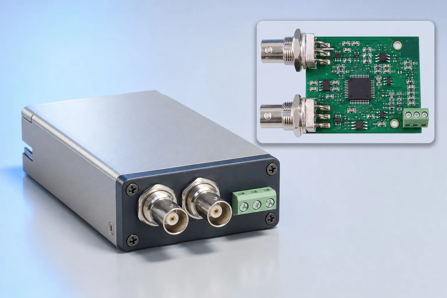 Sensor signal conditioning module with BNC inputs
