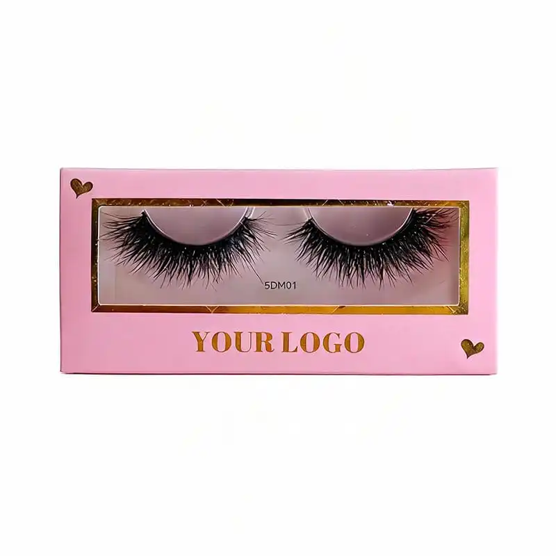 Pink single pair lash box with a gold foil rectangular frame around the window, the words YOUR LOGO in gold serif capitals below, and two small gold foil hearts in the lower corners - custom logo lash box