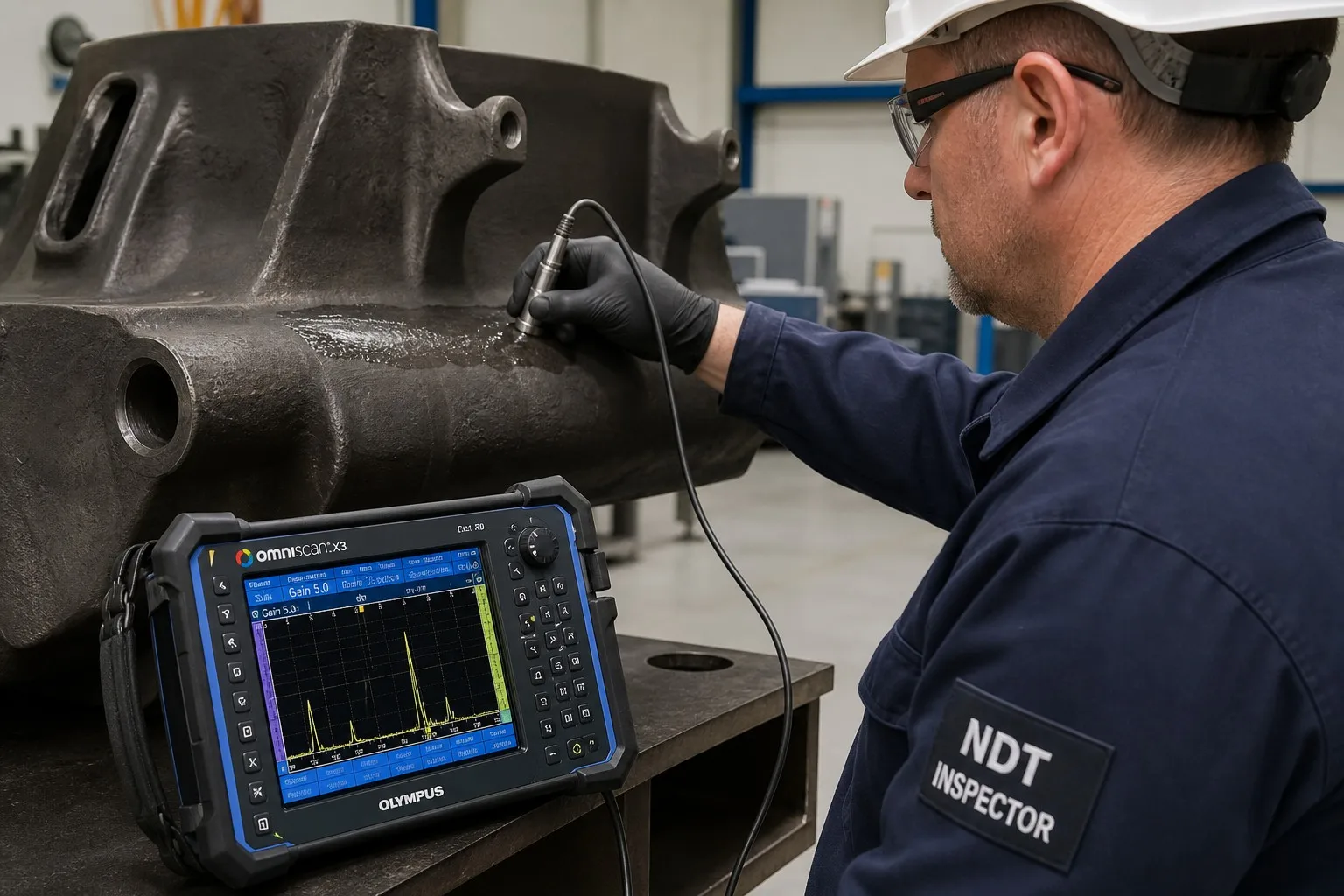Ultrasonic testing (UT) with handheld probe and digital flaw detector on steel casting