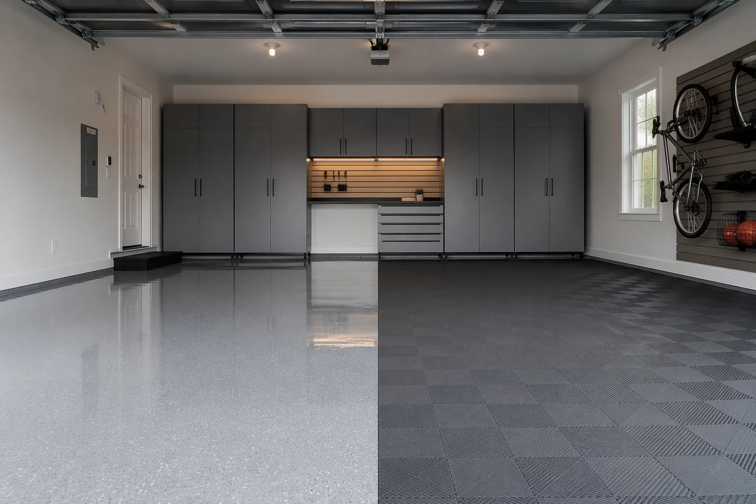 Garage floor tiles alongside a glossy polyaspartic coated concrete garage floor