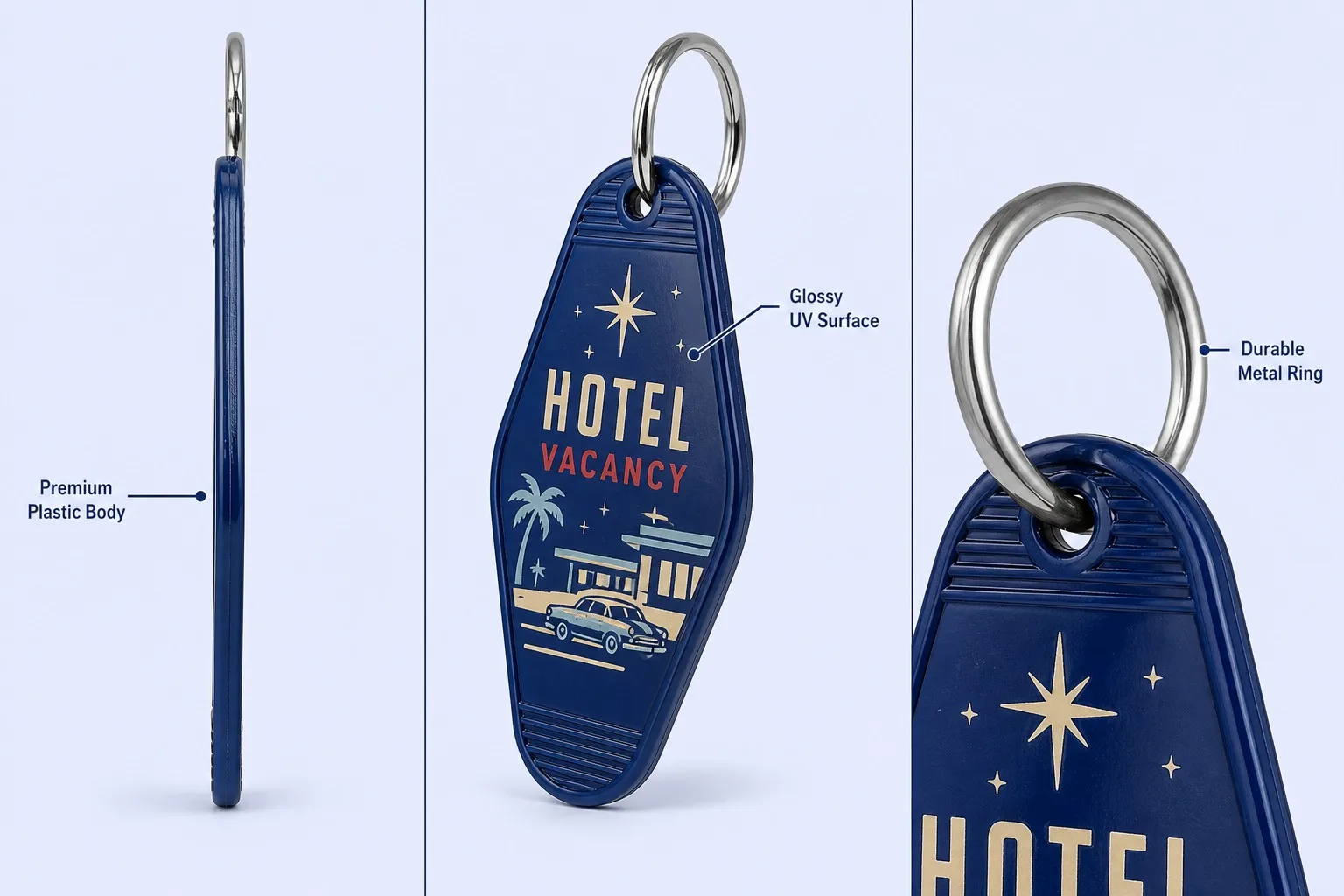 Motel key tag construction detail — material and ring anatomy