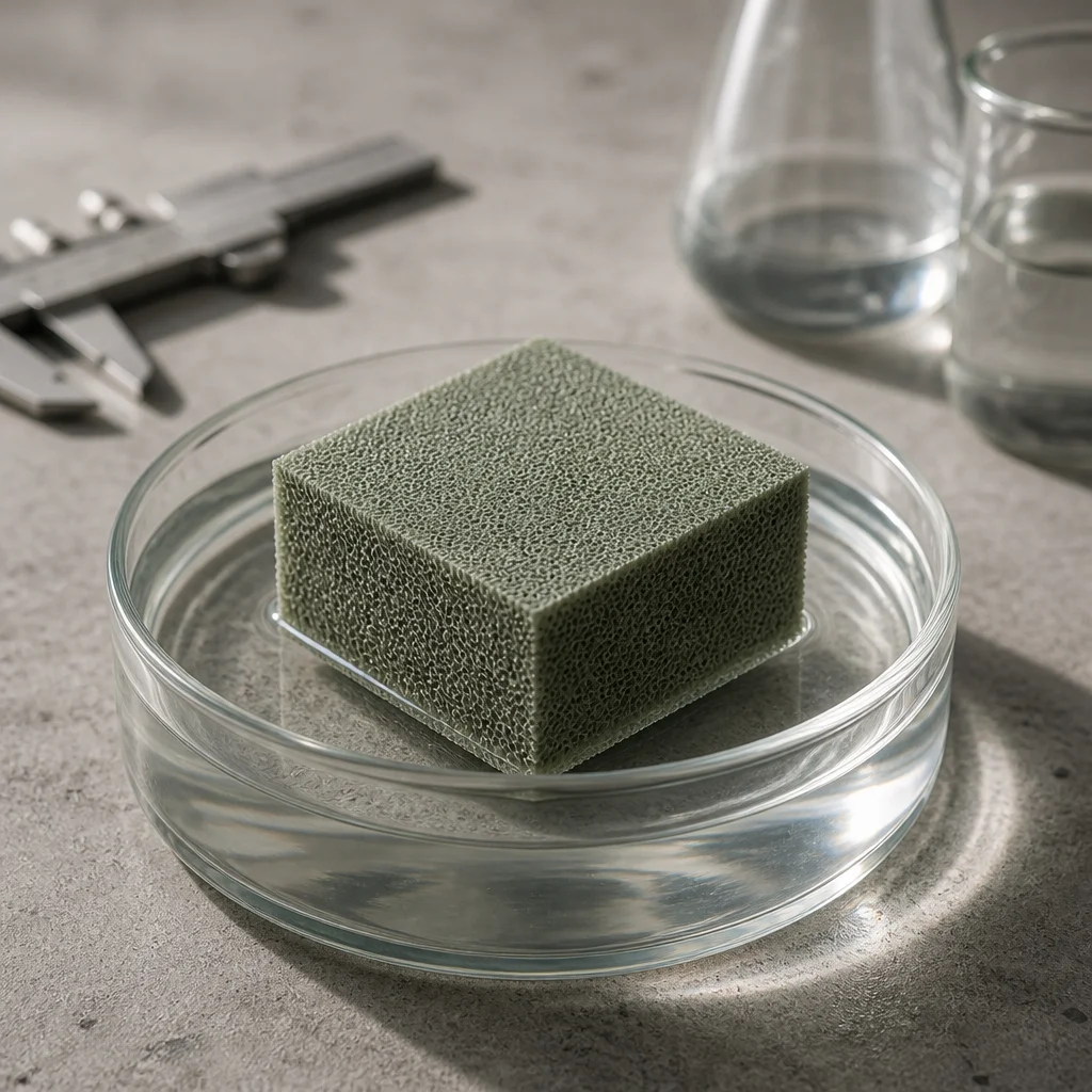 Closed-cell EVA foam sample floating on water in laboratory dish showing zero liquid absorption