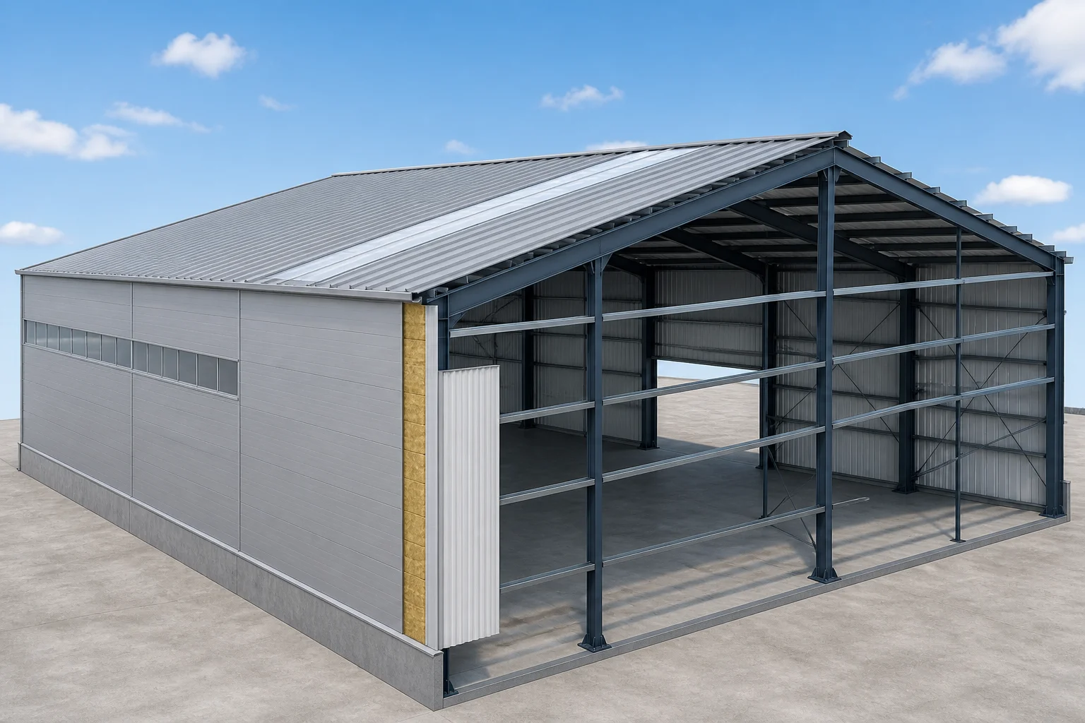 Generic steel factory building showing sandwich-panel enclosure, roof panels and translucent daylight strip