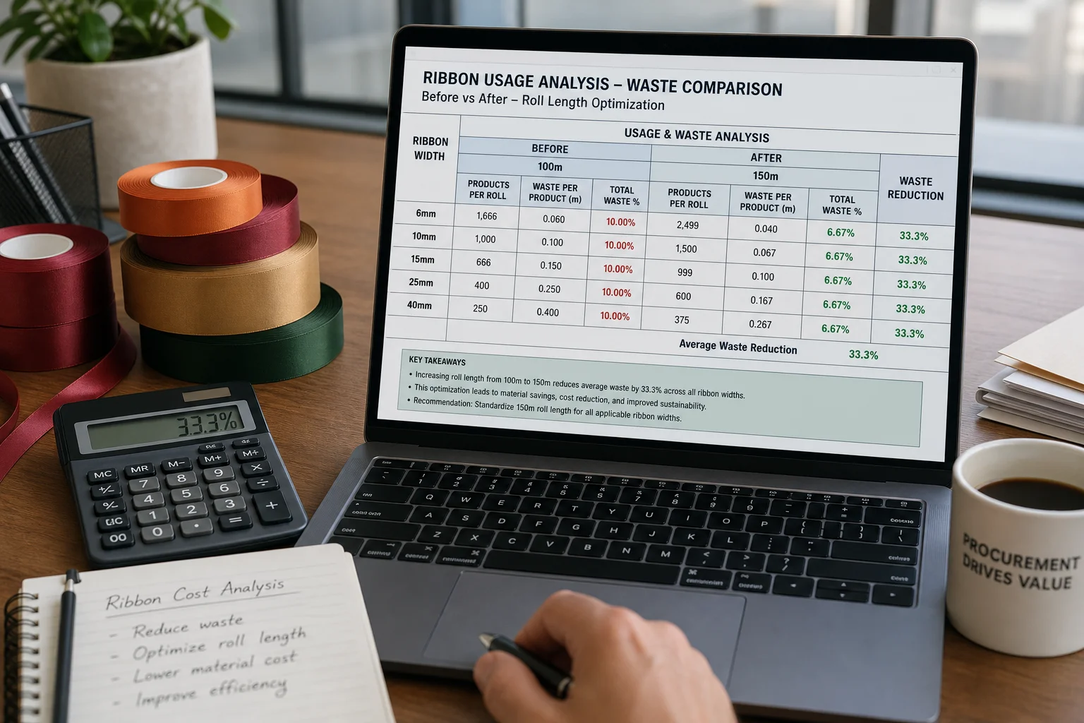 Procurement manager reviewing ribbon usage analysis spreadsheet showing waste reduction calculation