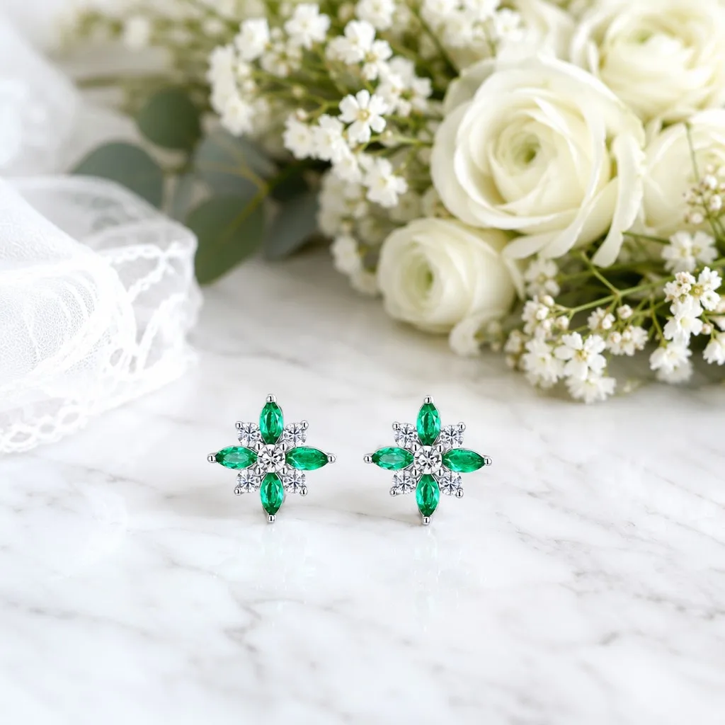 Floral Emerald Stud Earrings Marquise Cut Green Flower Earrings for Women Party Gift