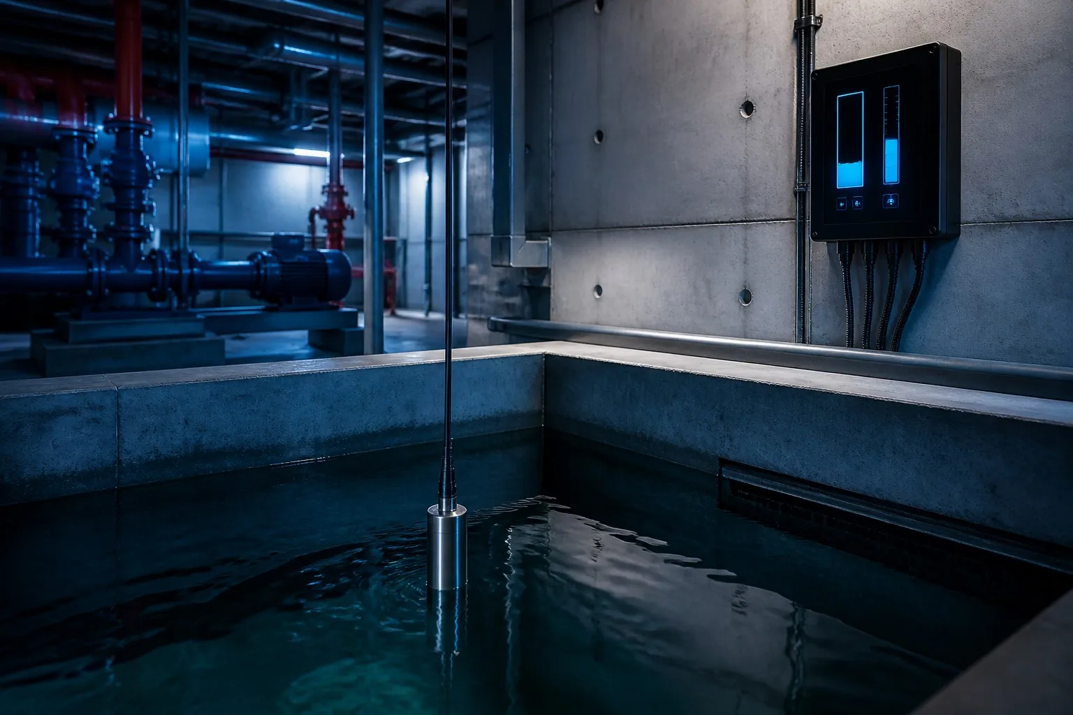 Submersible level sensor monitoring a fire water reservoir in a building pump room