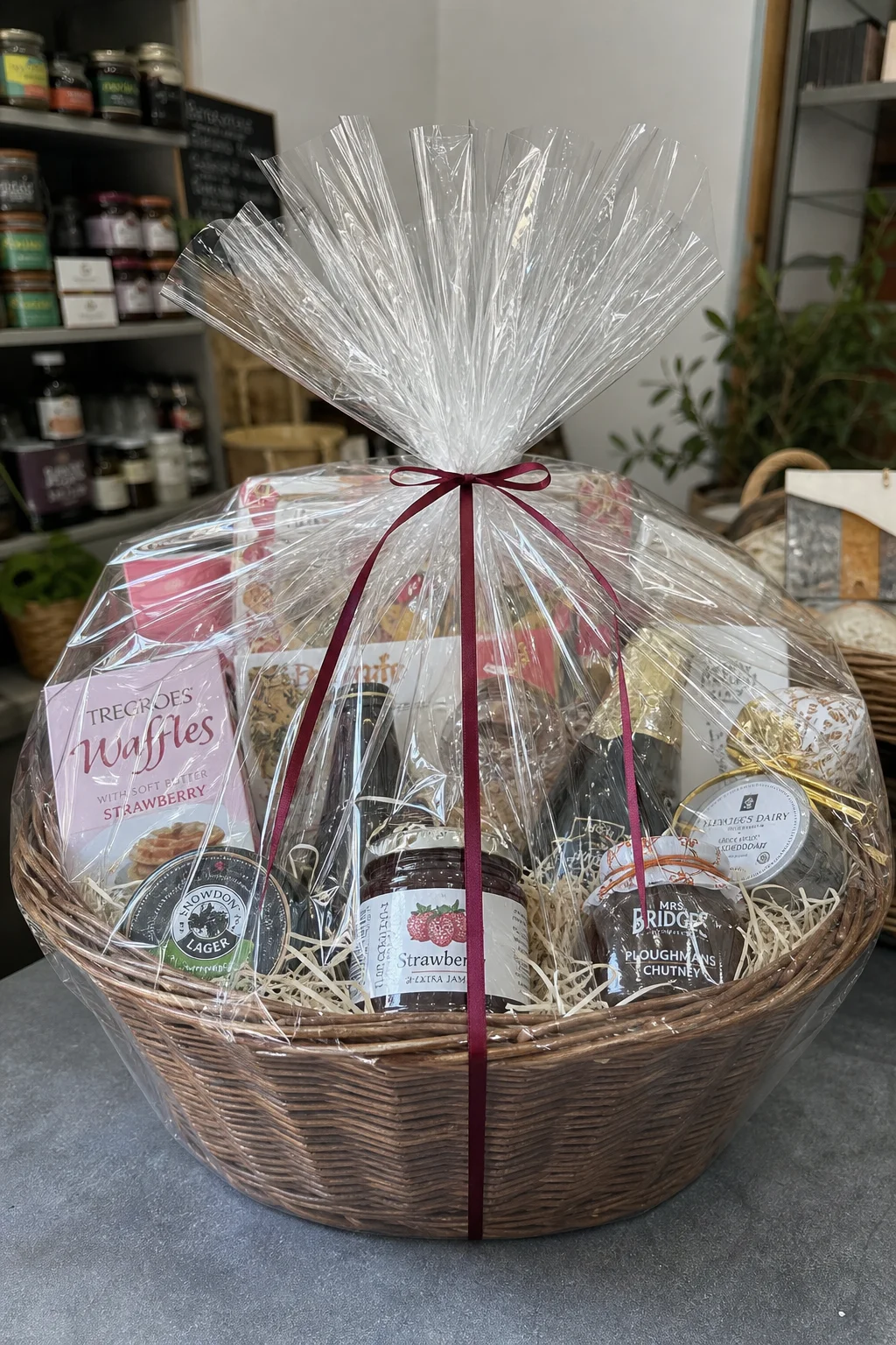 Large gift hamper with visually undersized narrow ribbon bow — packaging failure example