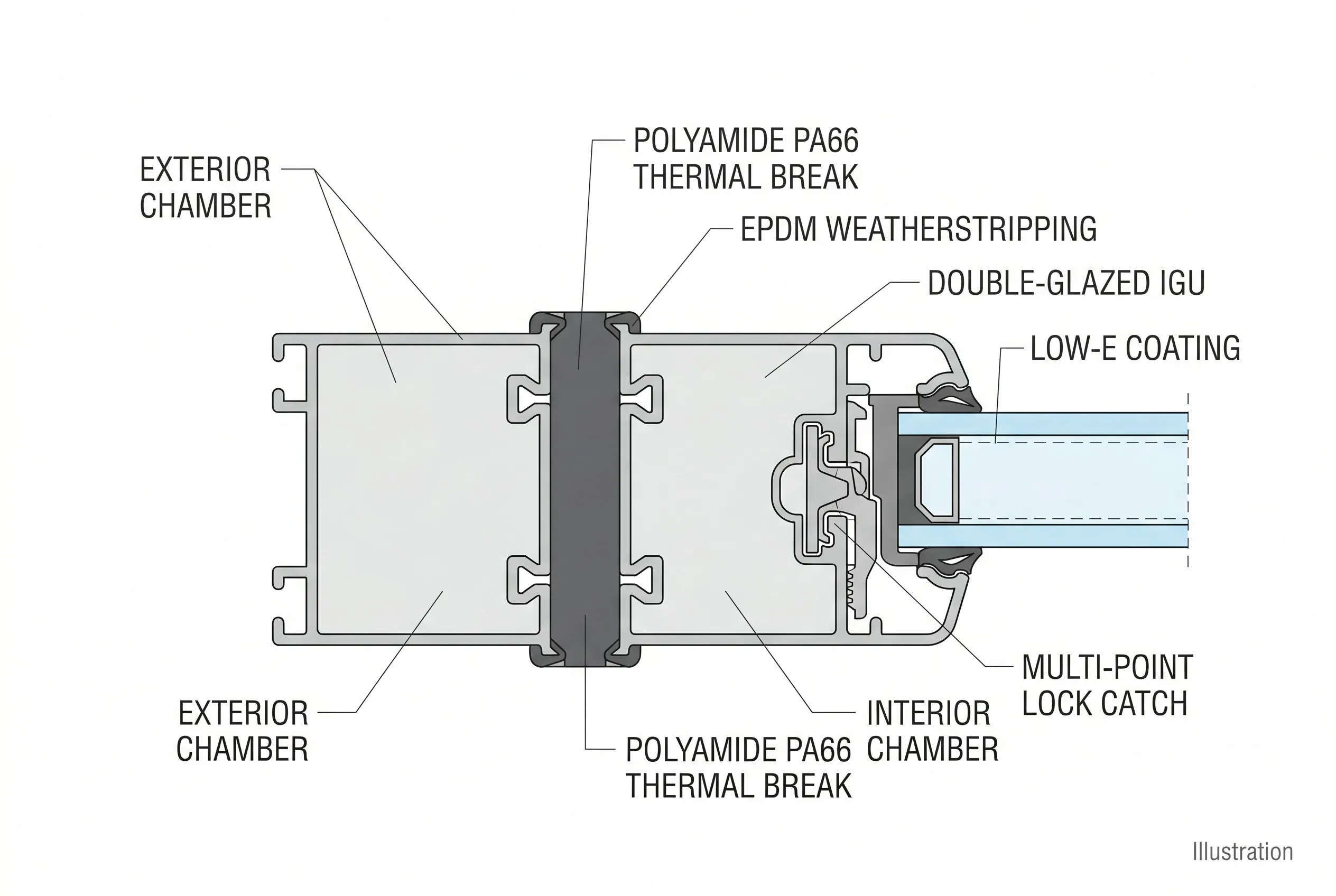 Illustration of a thermal break aluminum window profile cross-section showing PA66 polyamide thermal break, EPDM weatherstripping, and double-glazed insulating glass unit